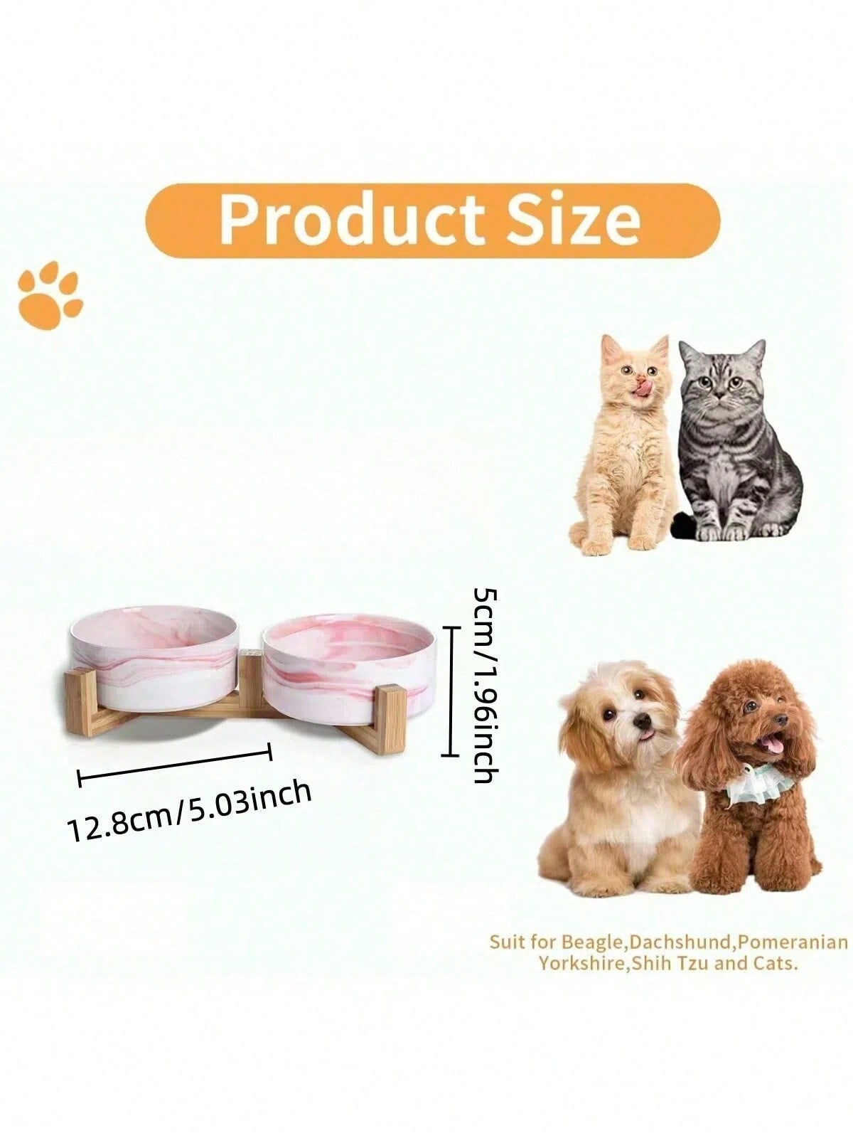 Ceramic Cat/Dog Bowl With Anti-Slip Wooden Stand, Elevated Pet Food & Water Bowl, Round Pet Feeding Bowl, Dishwasher , Easy To Clean