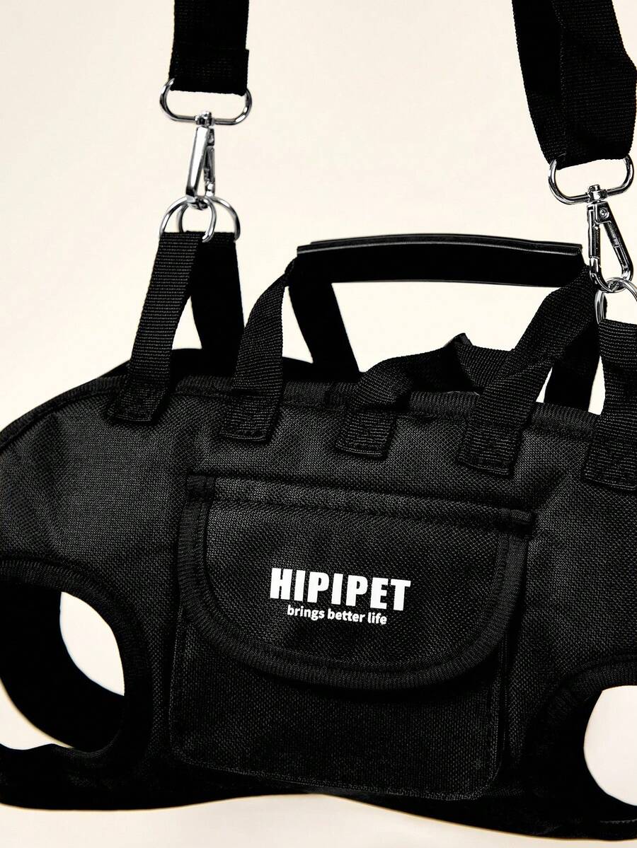 Black breathable dog backpack with adjustable straps for carrying pets in crossbody or shoulder style