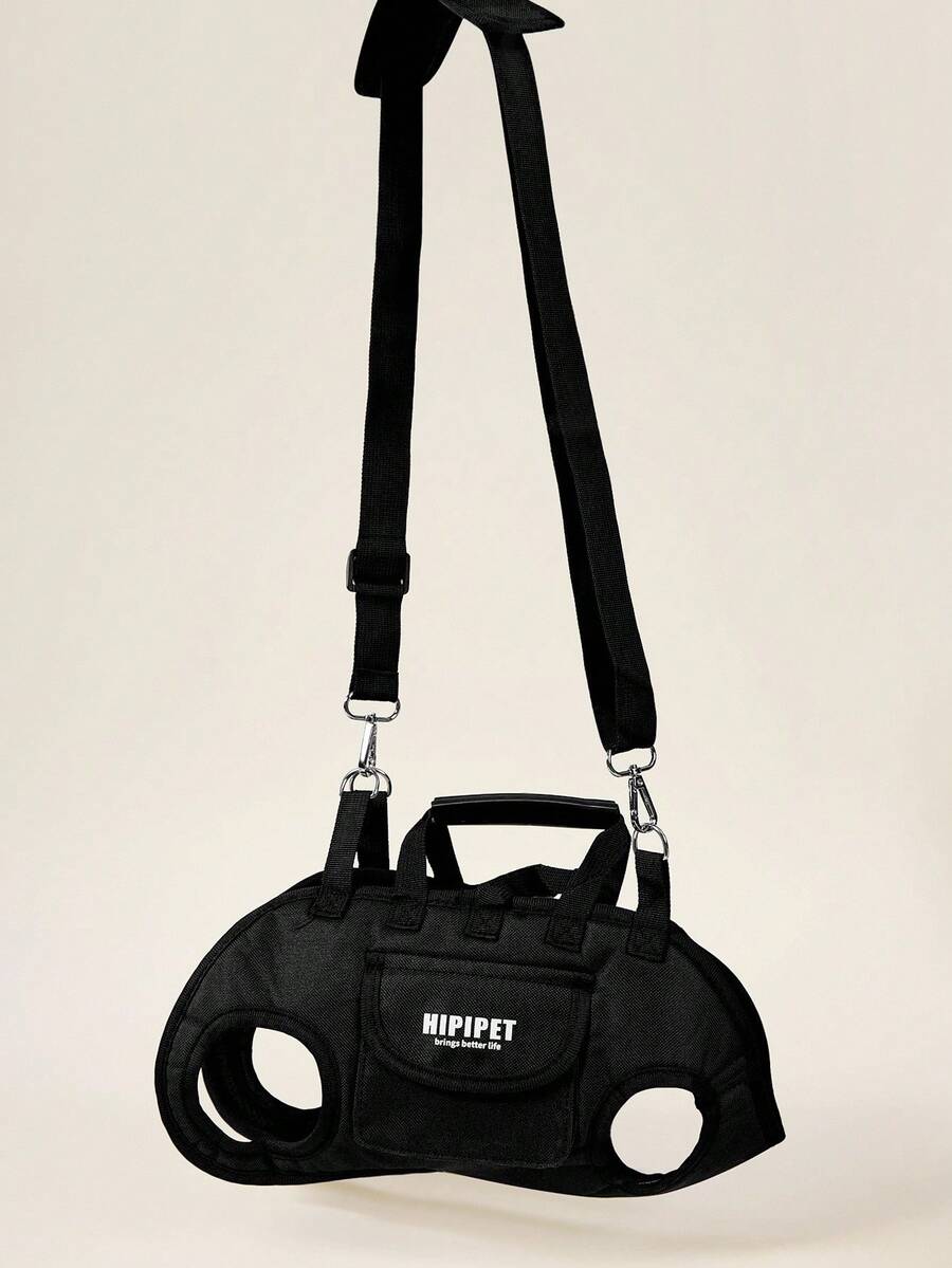 Black breathable dog backpack with adjustable straps for carrying pets in crossbody or shoulder style