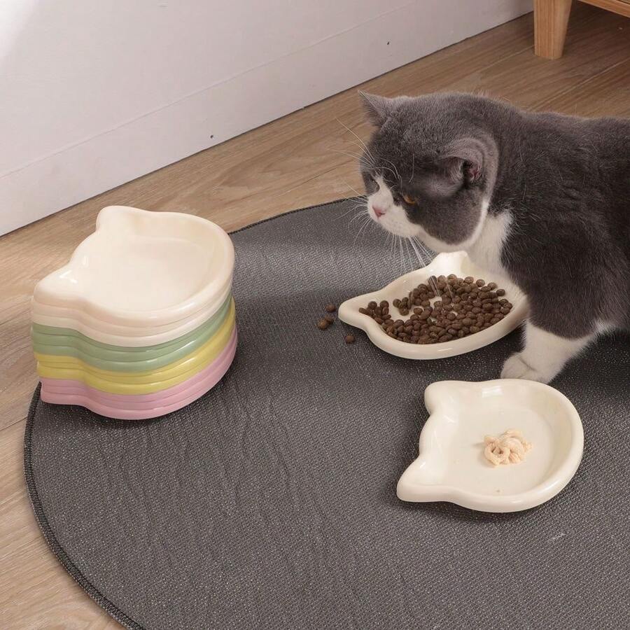 Multicolor plastic cat bowl shaped like a cartoon cat for dry and wet pet food