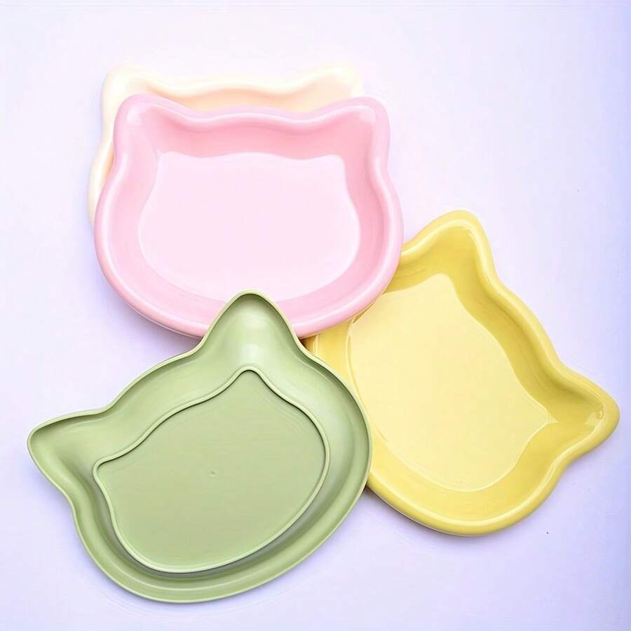 Multicolor plastic cat bowl shaped like a cartoon cat for dry and wet pet food