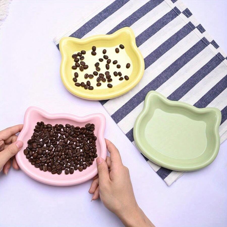 Multicolor plastic cat bowl shaped like a cartoon cat for dry and wet pet food