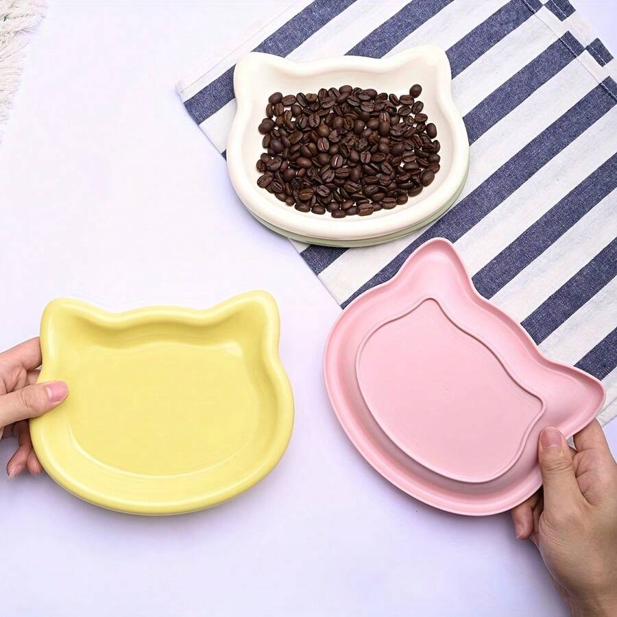 Multicolor plastic cat bowl shaped like a cartoon cat for dry and wet pet food