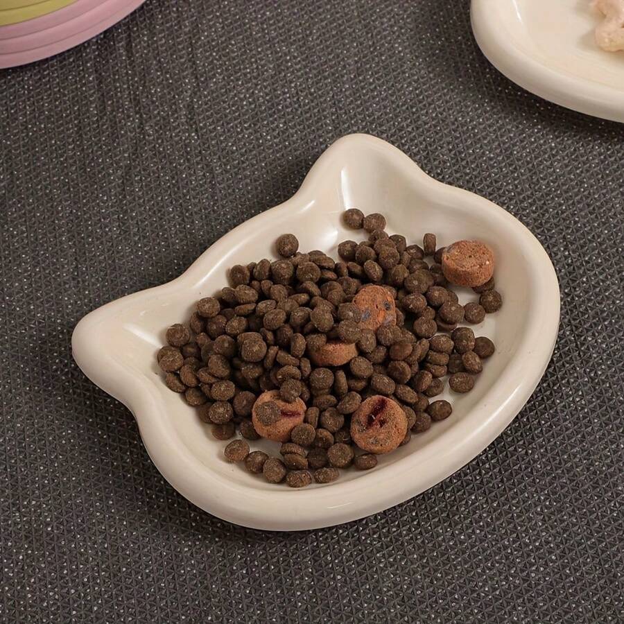 Multicolor plastic cat bowl shaped like a cartoon cat for dry and wet pet food