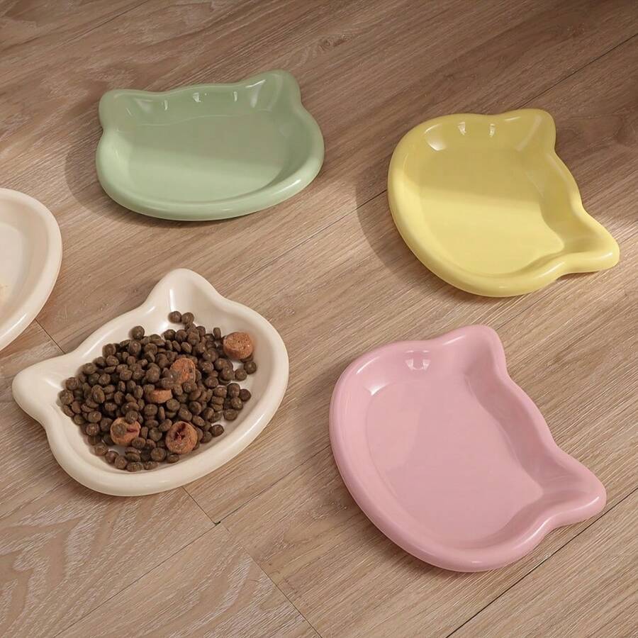 Multicolor plastic cat bowl shaped like a cartoon cat for dry and wet pet food