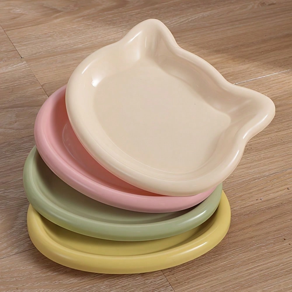 Multicolor plastic cat bowl shaped like a cartoon cat for dry and wet pet food