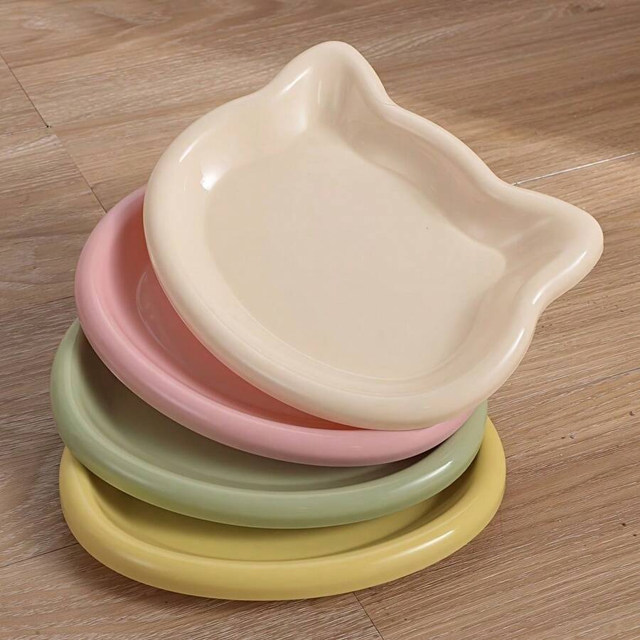 Multicolor plastic cat bowl shaped like a cartoon cat for dry and wet pet food