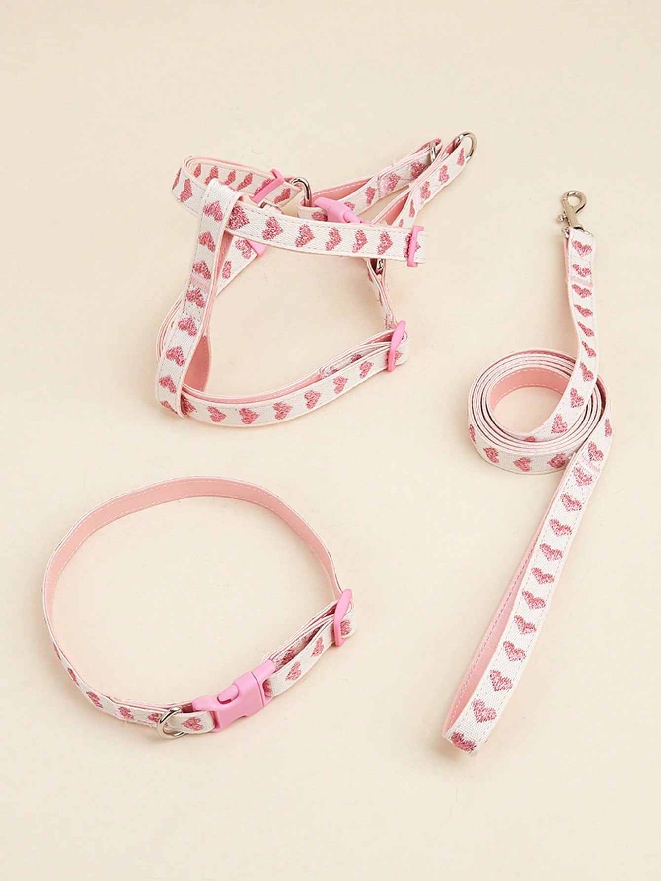 Black polyester 3-piece pet collar, harness, and leash set with heart pattern for small dogs and cats