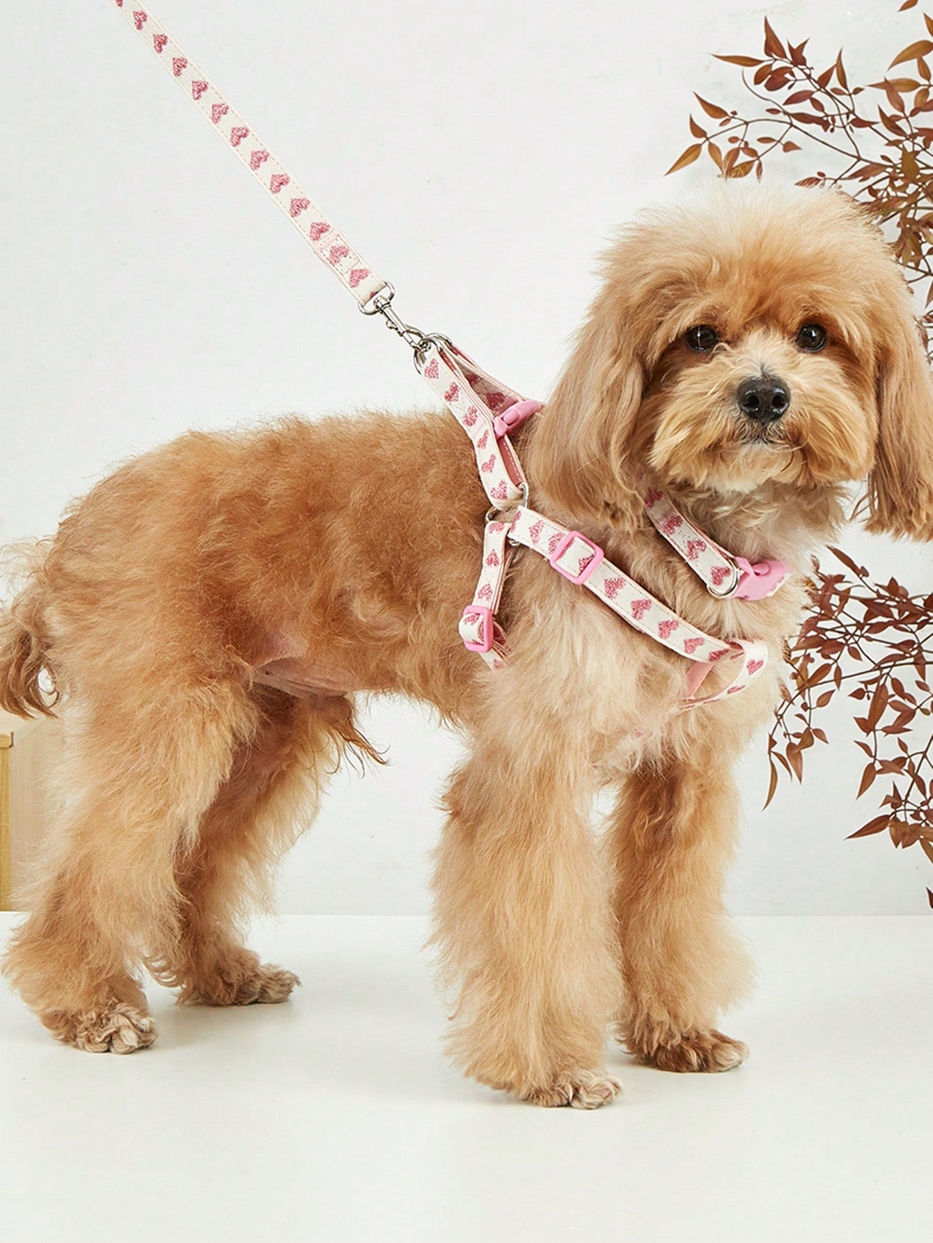 Pink polyester pet collar, harness and leash 3-piece set with geometric heart pattern for cats and small dogs