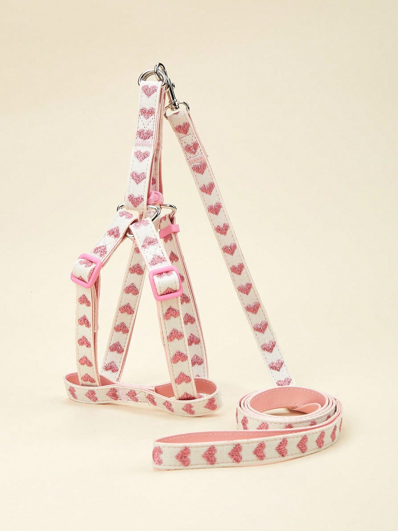 Black polyester 3-piece pet collar, harness, and leash set with heart pattern for small dogs and cats