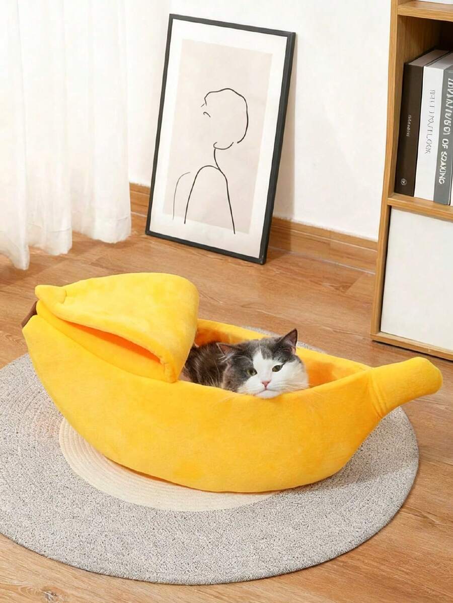 Yellow banana shaped warm pet bed with a covered lid for indoor cats and small dogs