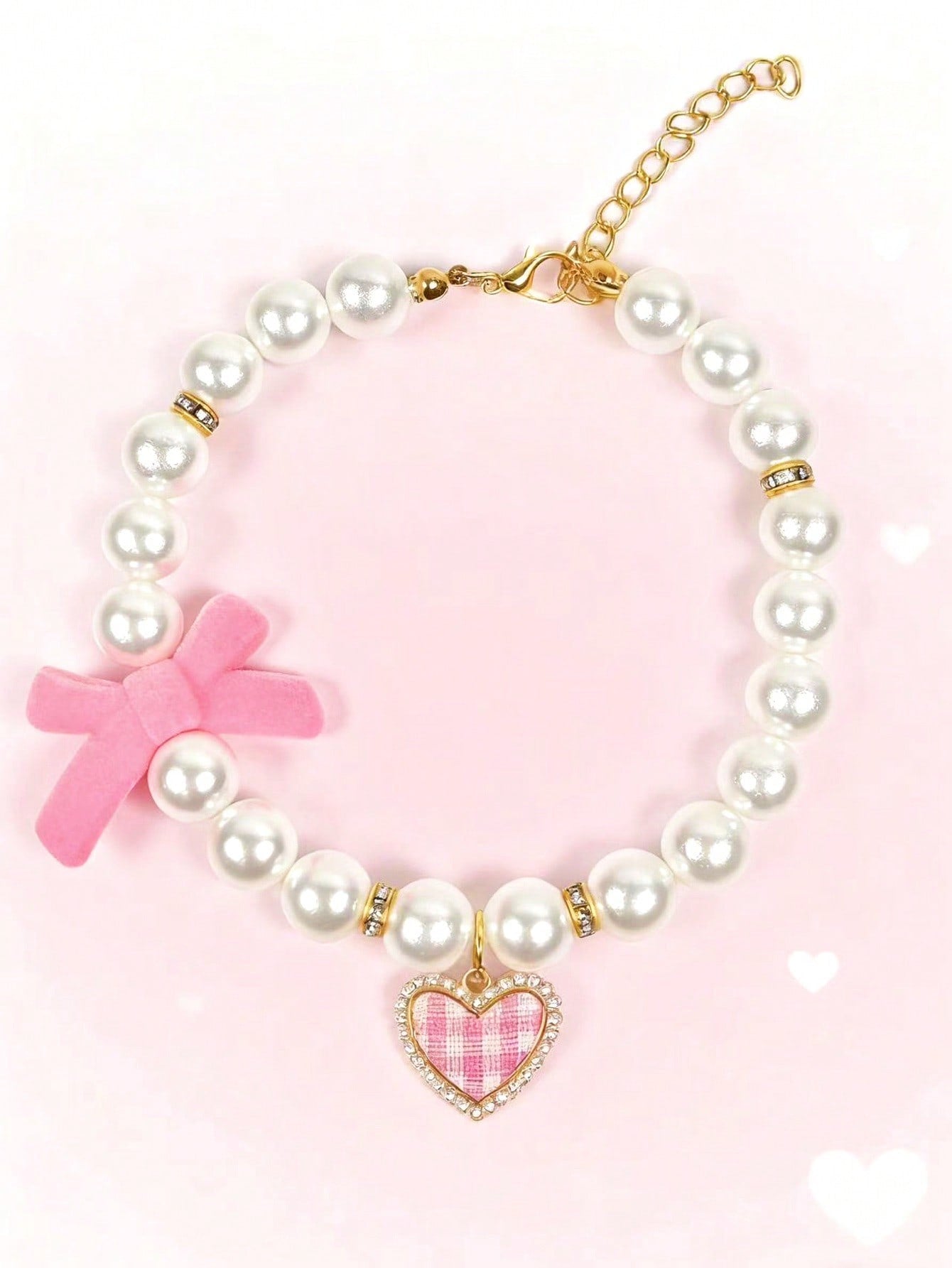 Pink adjustable pet pearl necklace collar with bowknot and heart-shaped pendant for cats and dogs