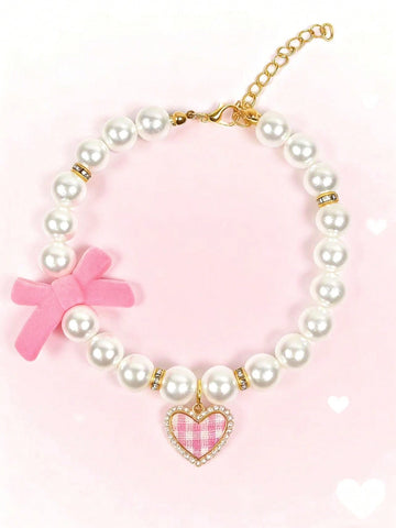 Pink adjustable pet pearl necklace collar with bowknot and heart-shaped pendant for cats and dogs