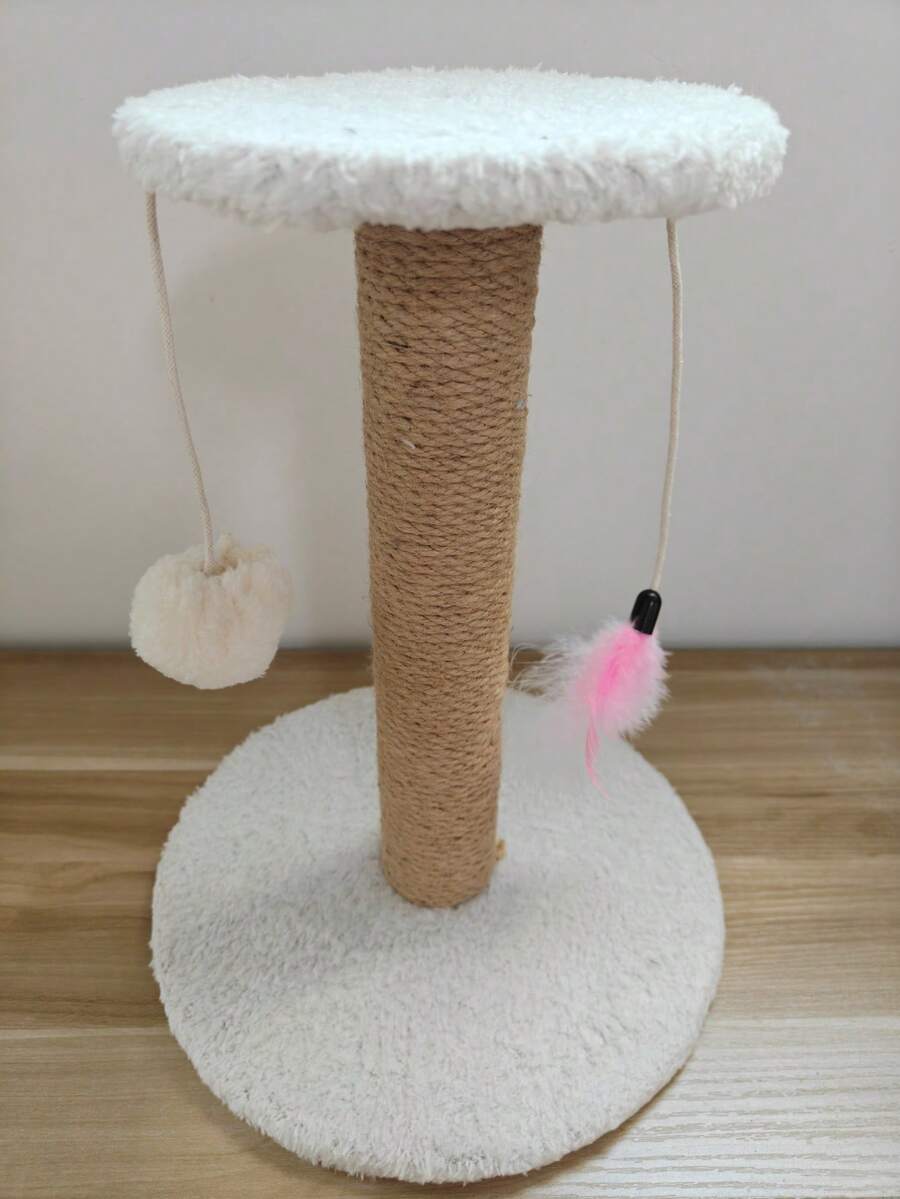 Brown mini sisal cat scratching post and kitten climbing tower with interactive plush ball and feather toys.