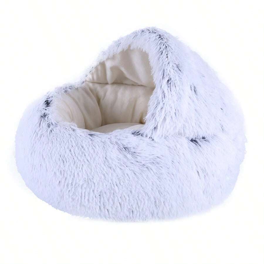 Grey plaid pet cave bed with a warm polyester cover and polypropylene fiber filling designed for indoor cats, puppies, and rabbits.