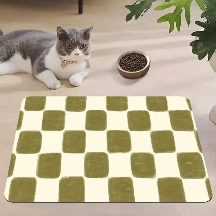 Multicolor plaid diatomite pet feeding mat placed under food and water bowls for dogs and cats.