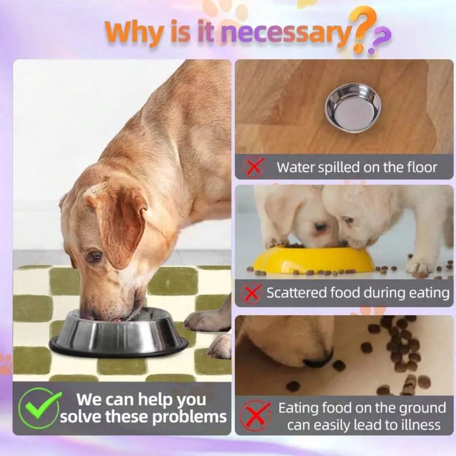 Multicolor plaid diatomite pet feeding mat placed under food and water bowls for dogs and cats.