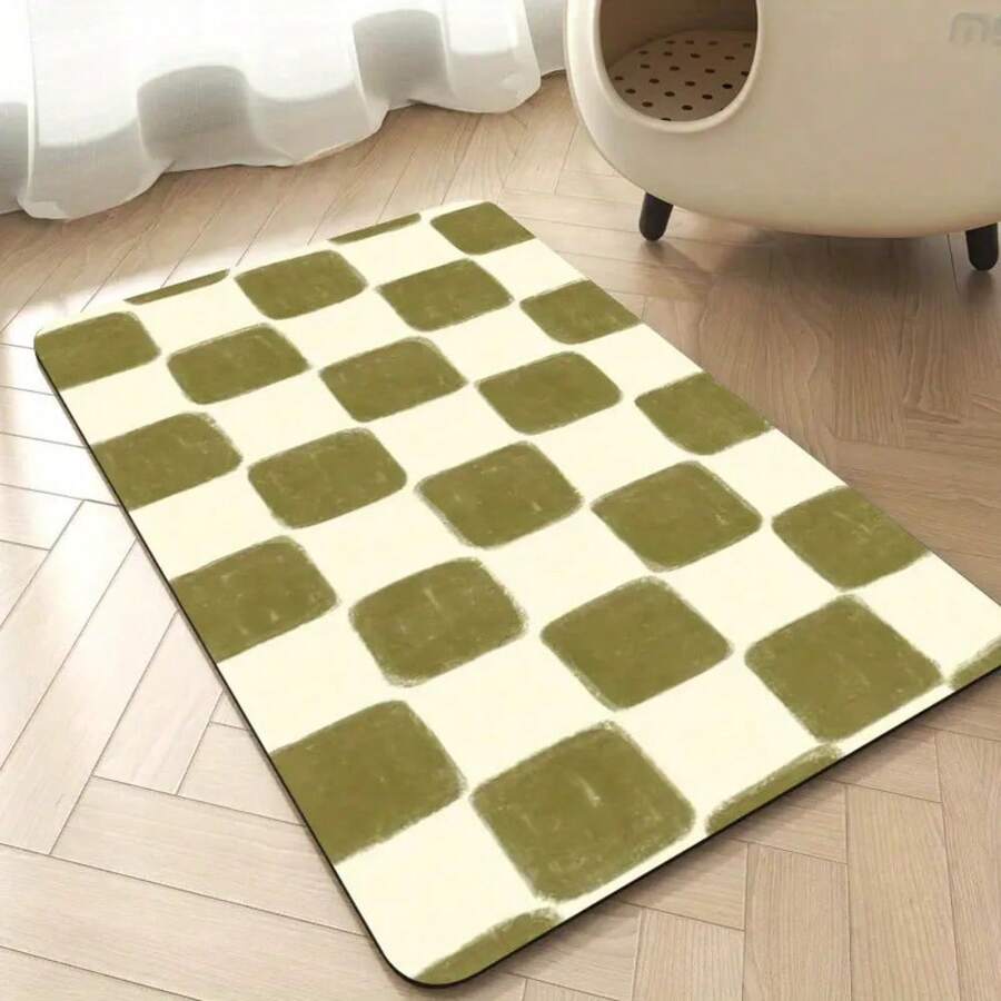 Multicolor plaid diatomite pet feeding mat placed under food and water bowls for dogs and cats.