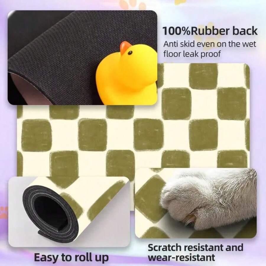 Multicolor plaid diatomite pet feeding mat placed under food and water bowls for dogs and cats.