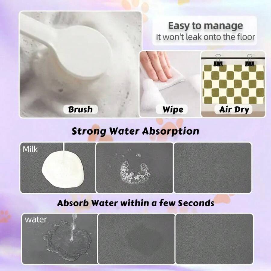 Multicolor plaid diatomite pet feeding mat placed under food and water bowls for dogs and cats.