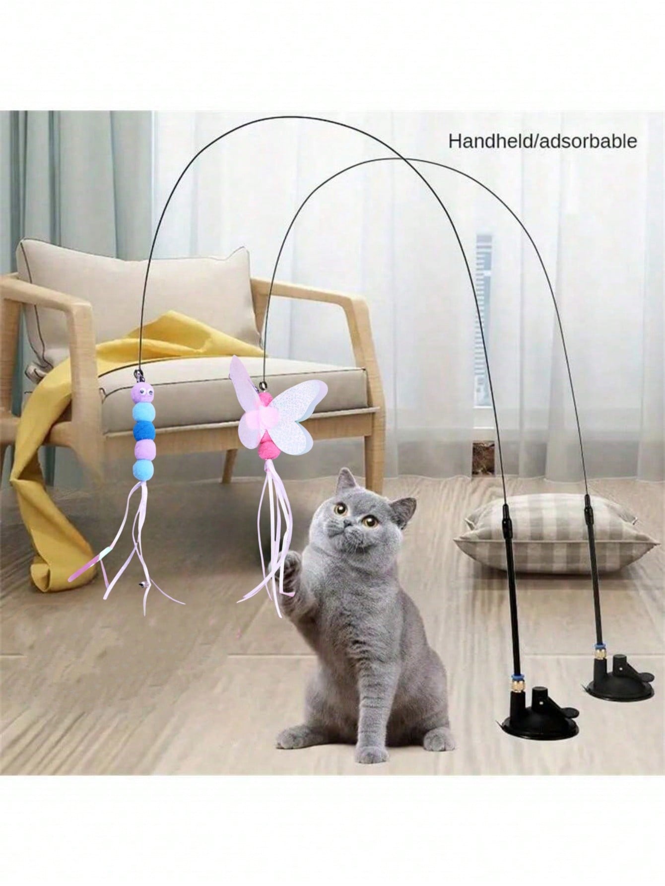 1pc Cat Teaser Wand Toy With Replacement Feather & Bell, Interactive Pet Toy For Cat Exercise And Entertainment, Handheld Wand With Interchangeable Insect-Shaped Attachments