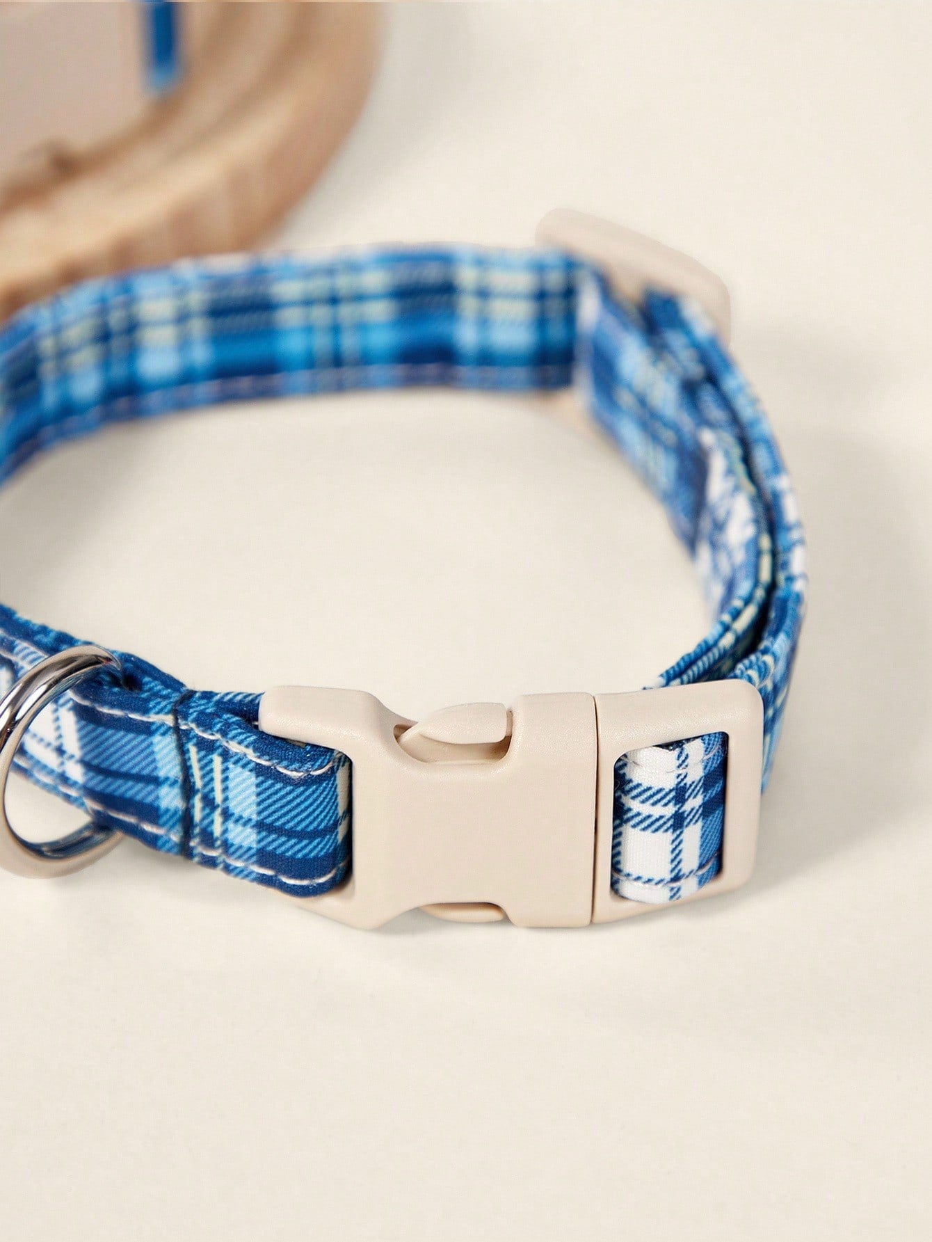 Royal blue plaid polyester dog collar with plastic buckle for small and medium dogs