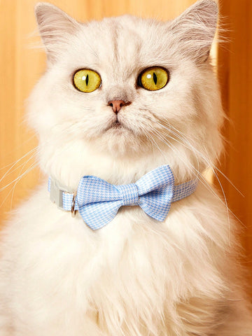 Blue plaid polyamide pet collar with bowknot and buckle closure for cats and dogs