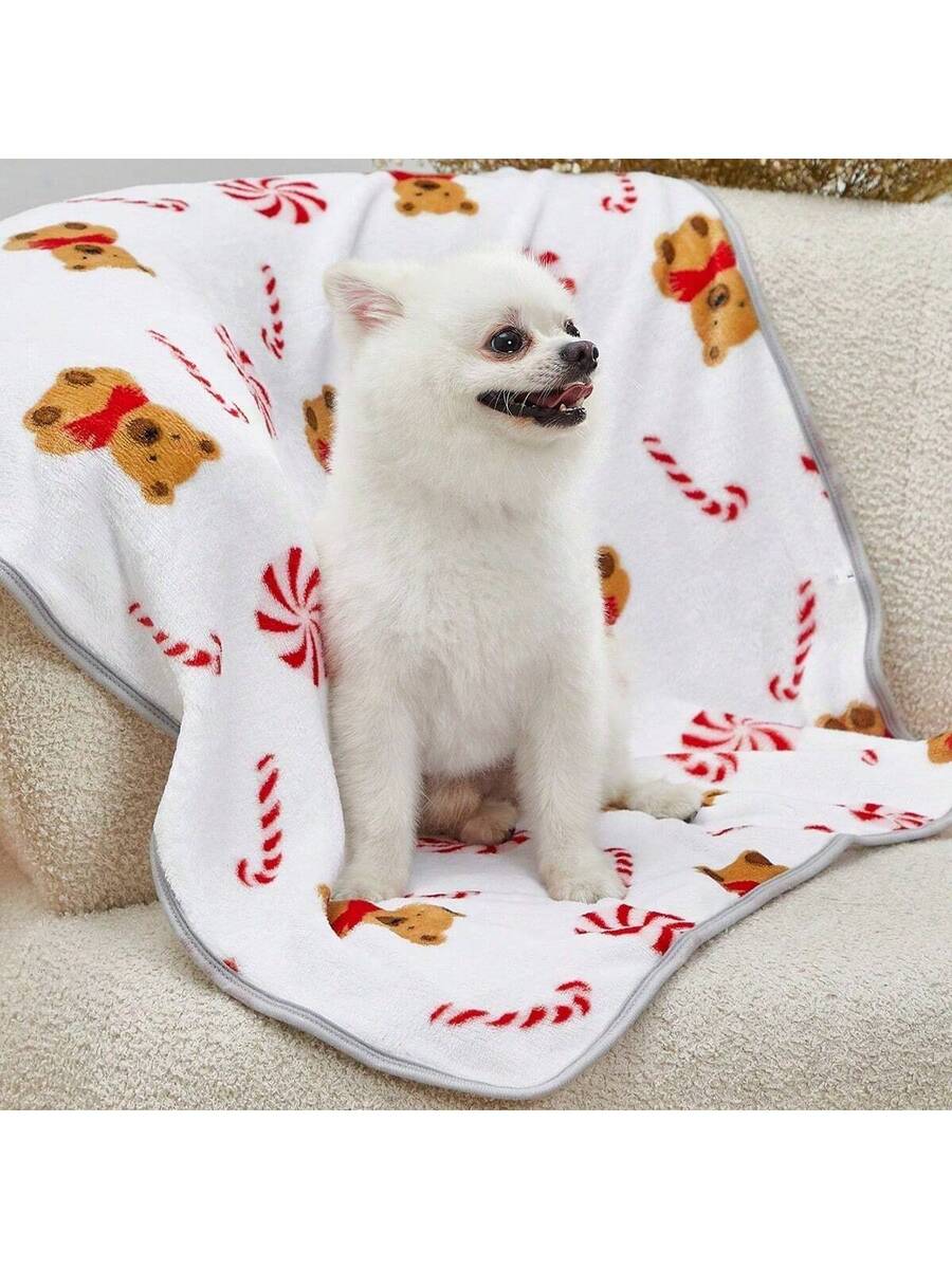 White warm pet blanket with cute Christmas candy bear all over print for cats and dogs