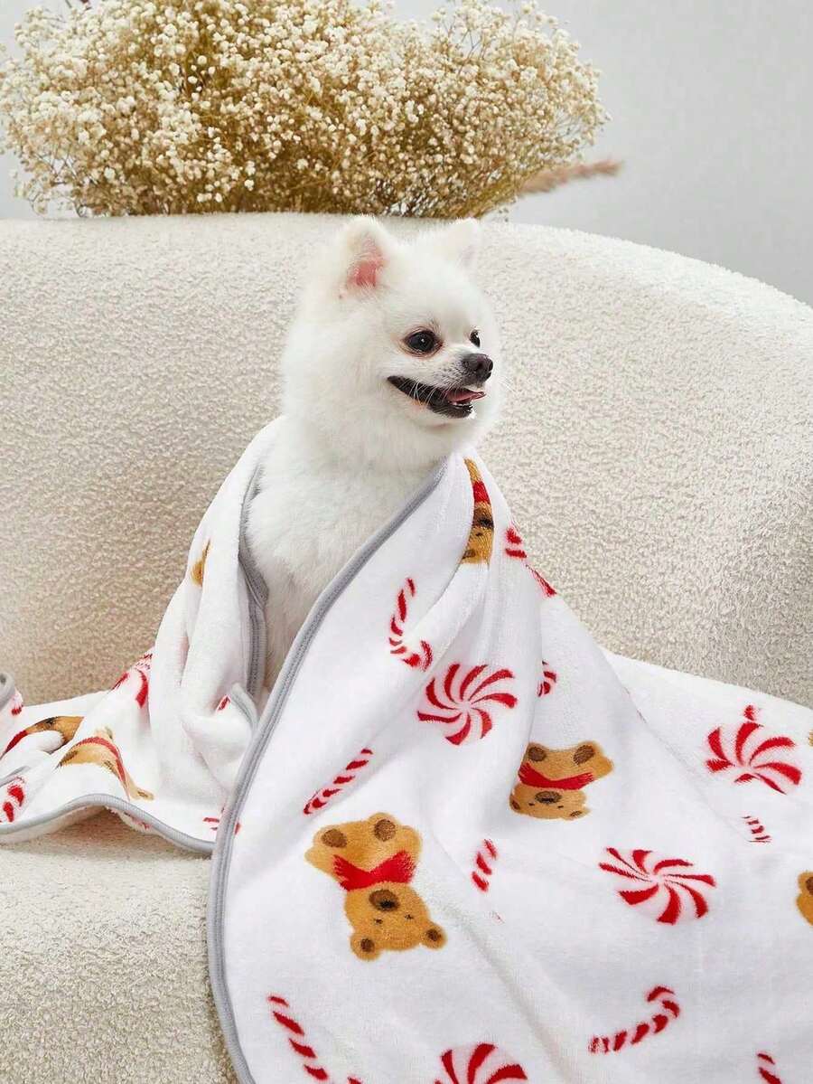 White warm pet blanket with cute Christmas candy bear all over print for cats and dogs