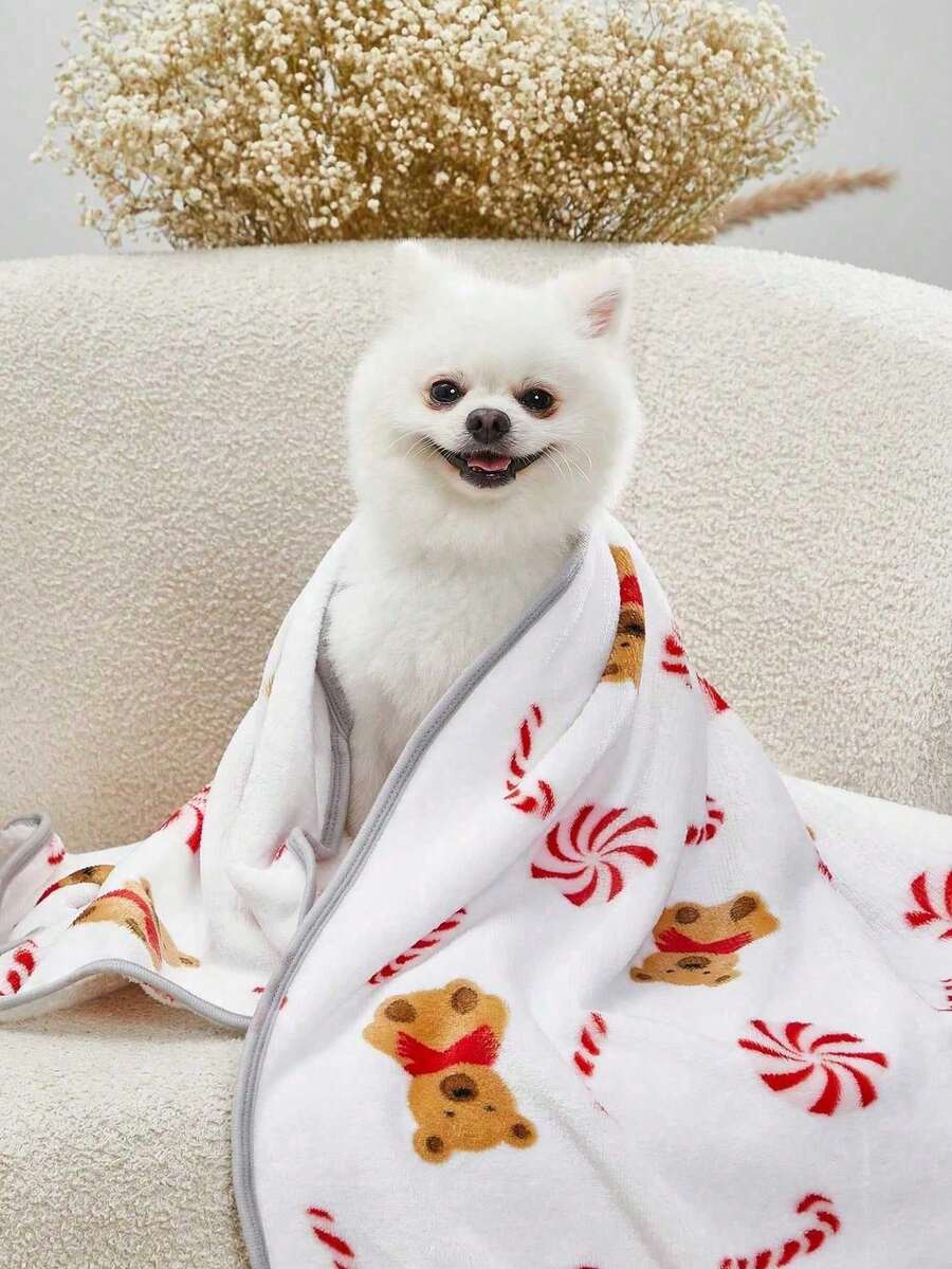 White warm pet blanket with cute Christmas candy bear all over print for cats and dogs