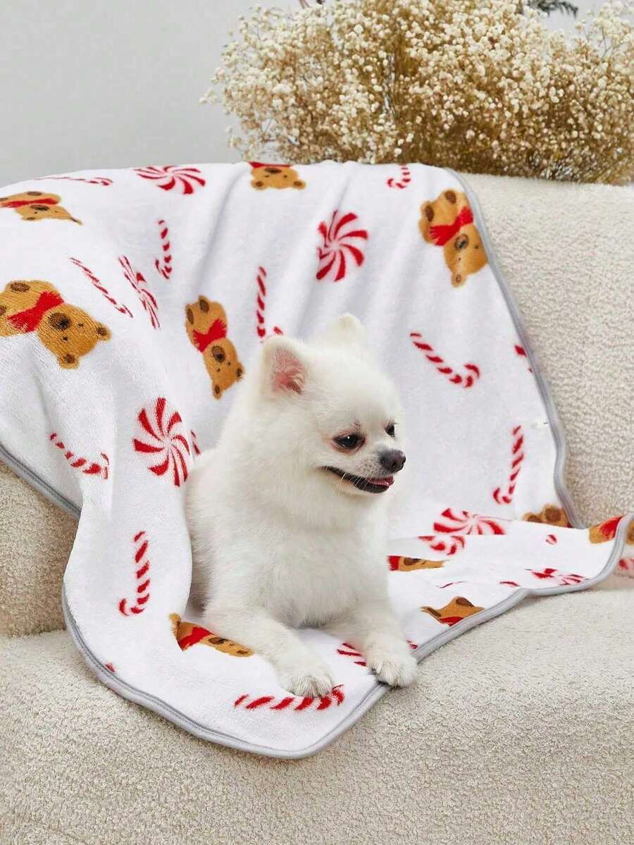 White warm pet blanket with cute Christmas candy bear all over print for cats and dogs