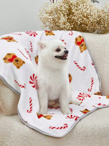 White warm pet blanket with cute Christmas candy bear all over print for cats and dogs