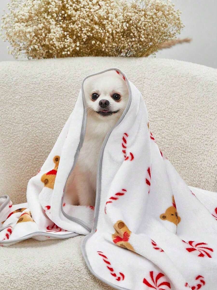 White warm pet blanket with cute Christmas candy bear all over print for cats and dogs