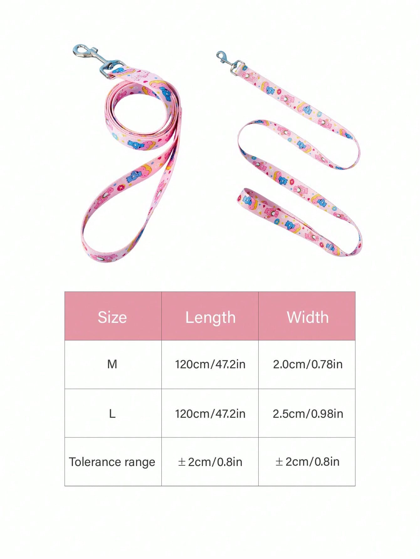 Baby blue polyamide pet leash with colorful heart-shaped bear print and comfortable grip for daily dog walking.
