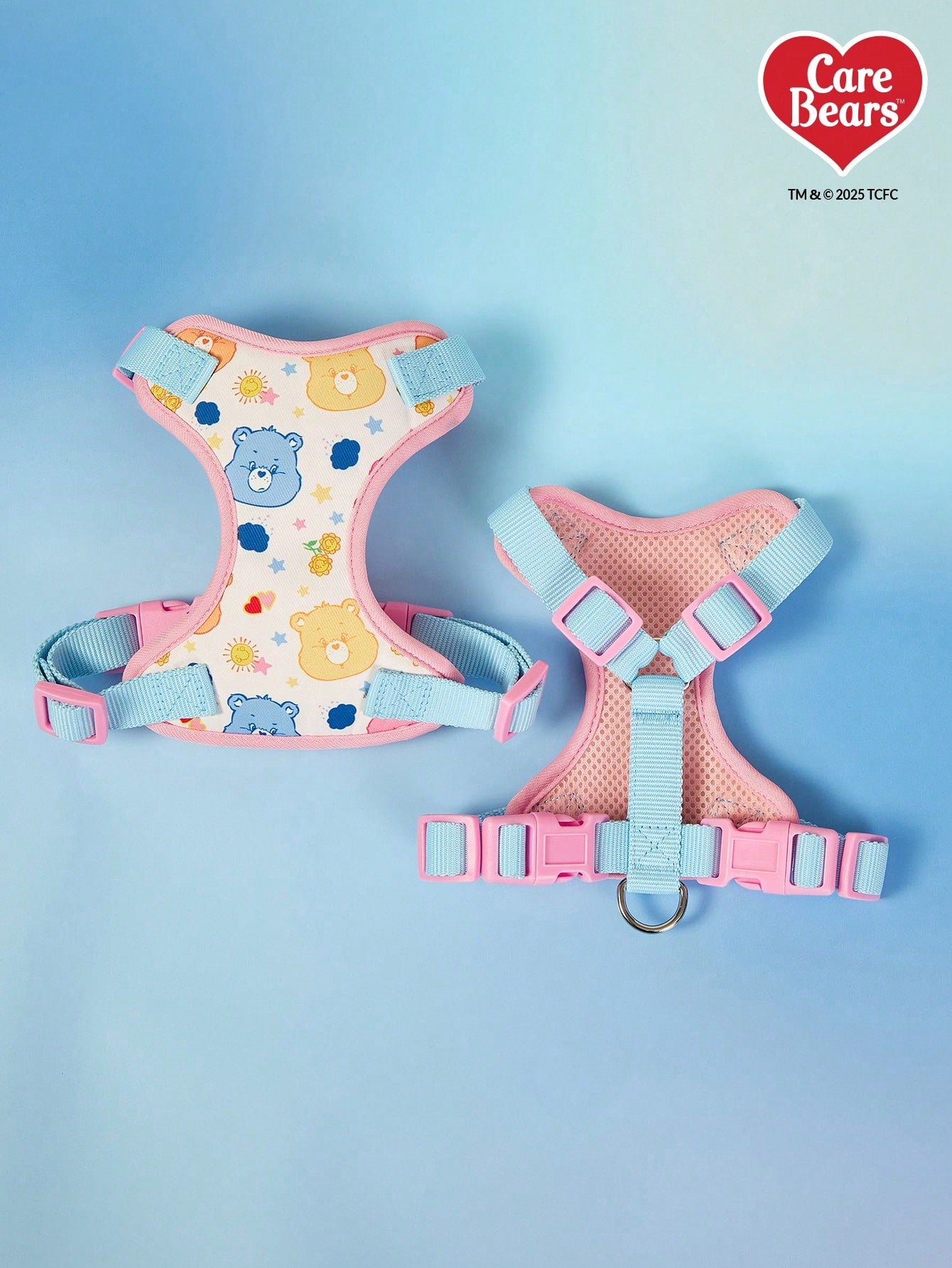 Powerpuff Girls cartoon dog harness with heart print, breathable polyester mesh, adjustable straps, and vibrant color block design for small dogs
