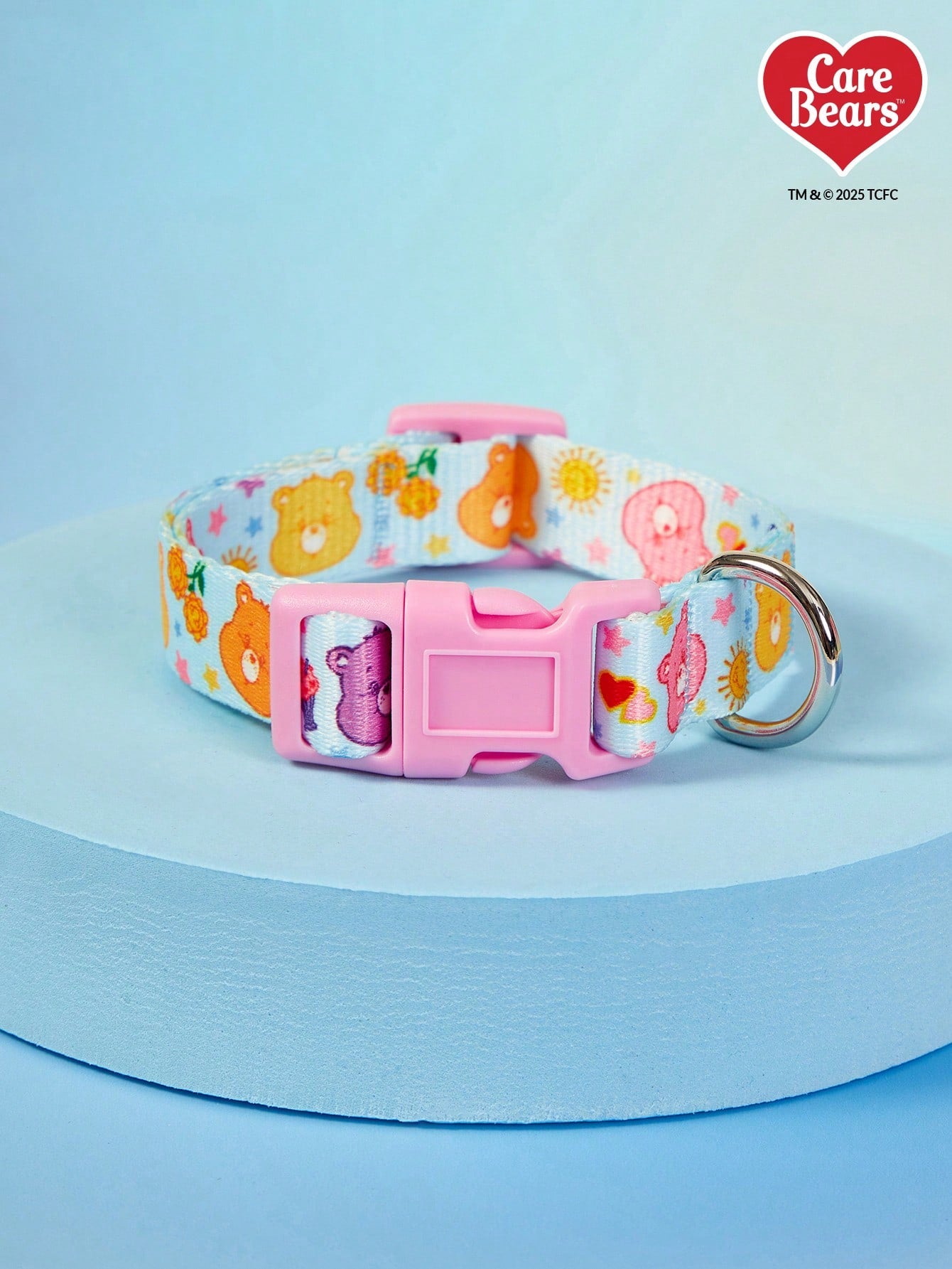 Baby blue dog collar with colorful cartoon bears, hearts, suns, adjustable quick-release buckle, and cute printed design