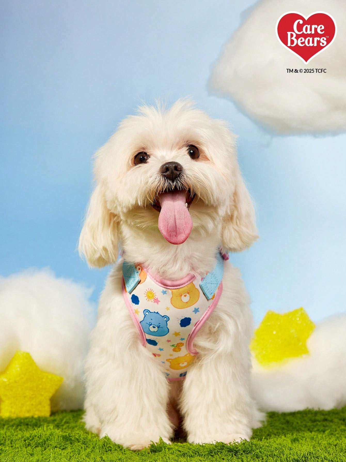 Powerpuff Girls cartoon dog harness with heart print, breathable polyester mesh, adjustable straps, and vibrant color block design for small dogs