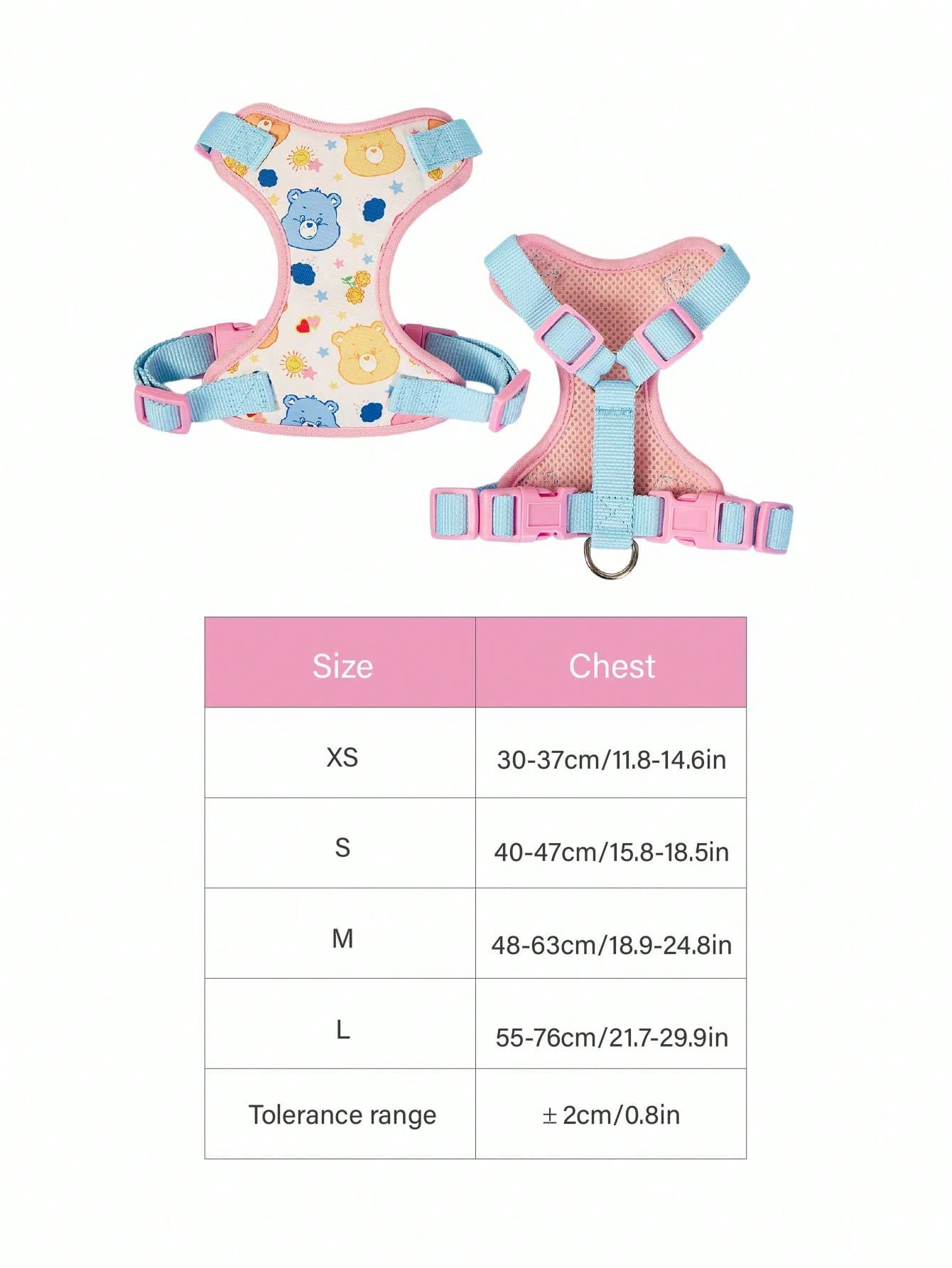 Powerpuff Girls cartoon dog harness with heart print, breathable polyester mesh, adjustable straps, and vibrant color block design for small dogs