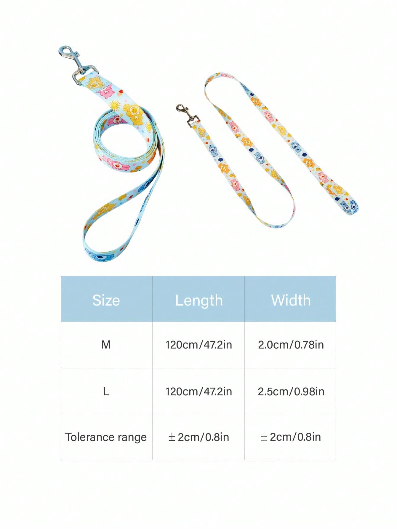 Baby blue polyamide dog leash with colorful heart-shaped bear print and comfortable grip for daily walks
