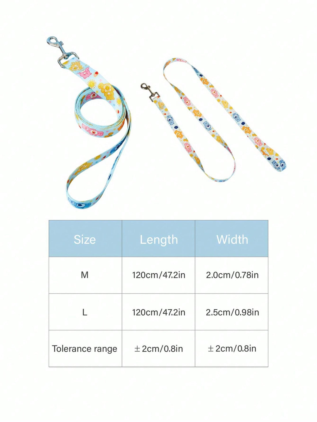 Baby blue polyamide dog leash with heart-shaped bear print for everyday pet walks