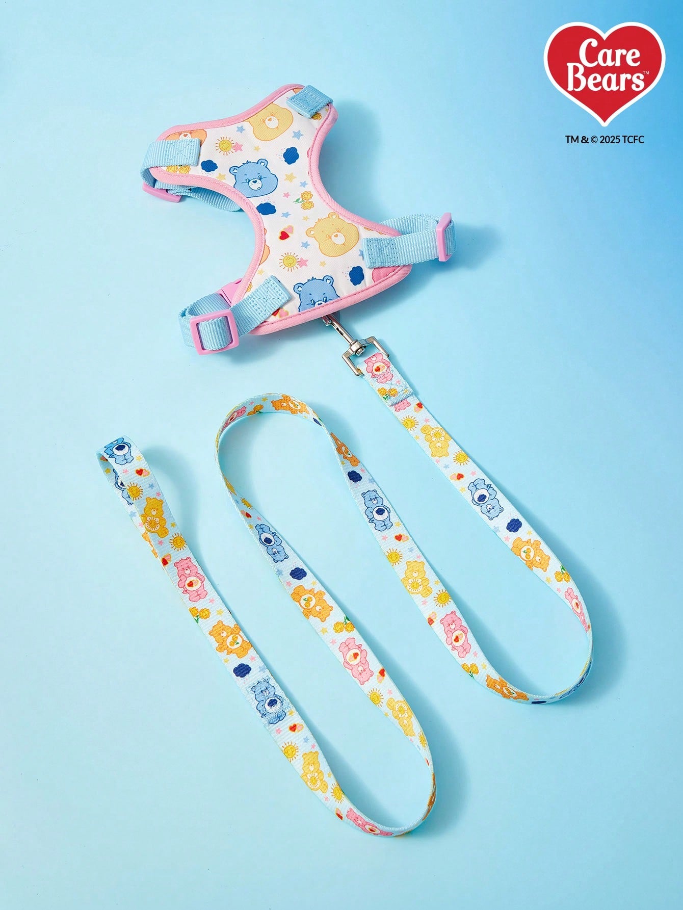 Powerpuff Girls cartoon dog harness with heart print, breathable polyester mesh, adjustable straps, and vibrant color block design for small dogs