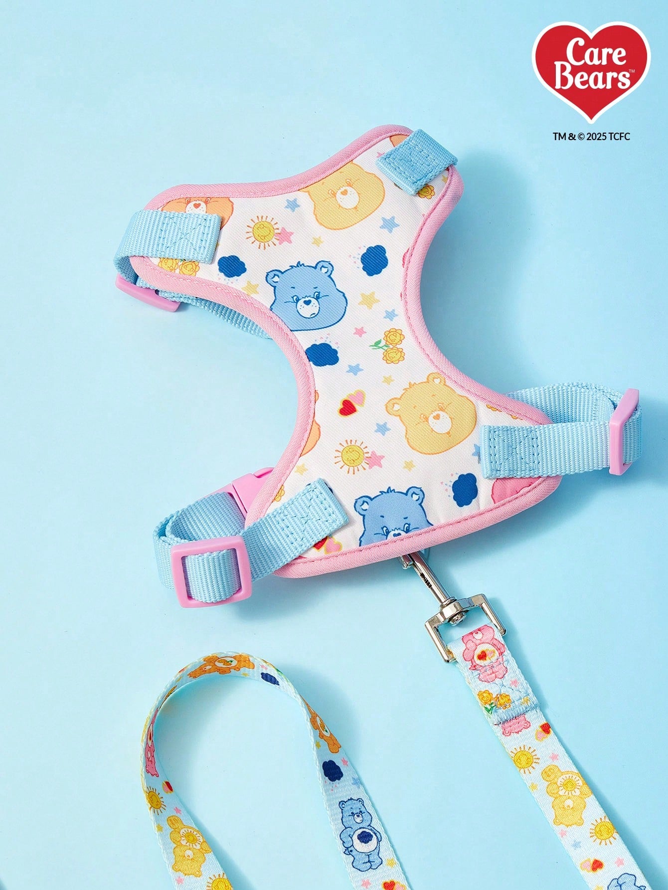Powerpuff Girls cartoon dog harness with heart print, breathable polyester mesh, adjustable straps, and vibrant color block design for small dogs