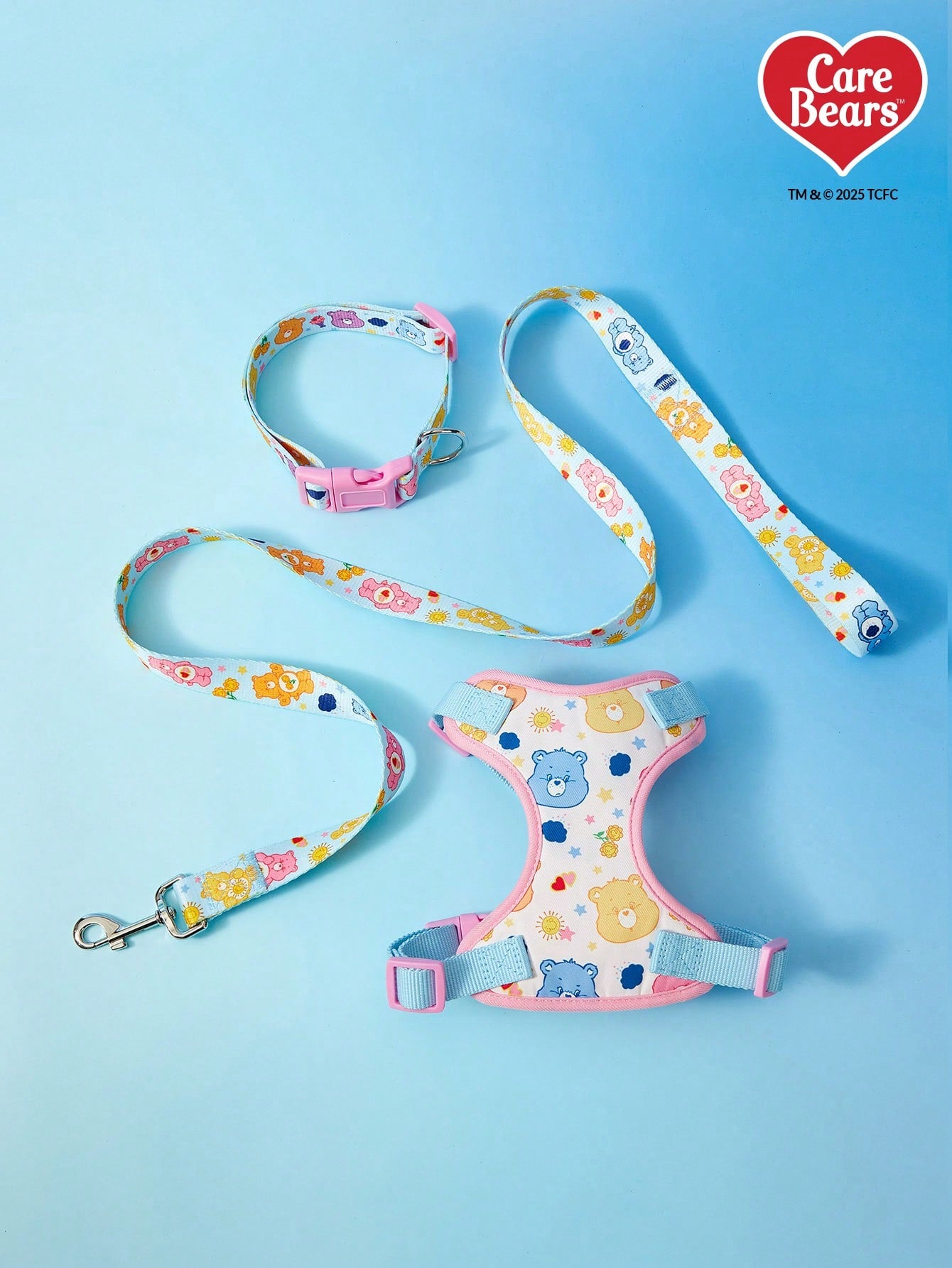 Powerpuff Girls cartoon dog harness with heart print, breathable polyester mesh, adjustable straps, and vibrant color block design for small dogs