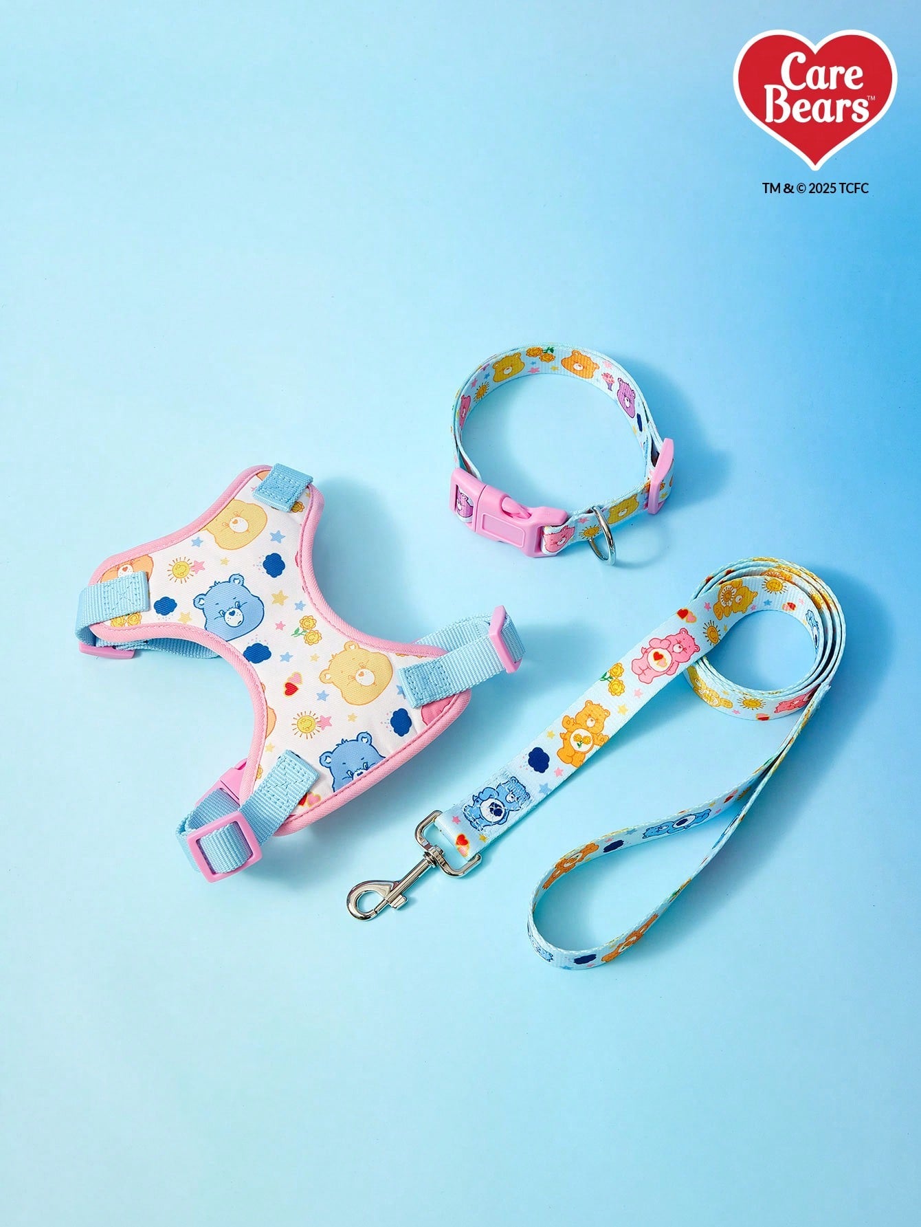 Powerpuff Girls cartoon dog harness with heart print, breathable polyester mesh, adjustable straps, and vibrant color block design for small dogs