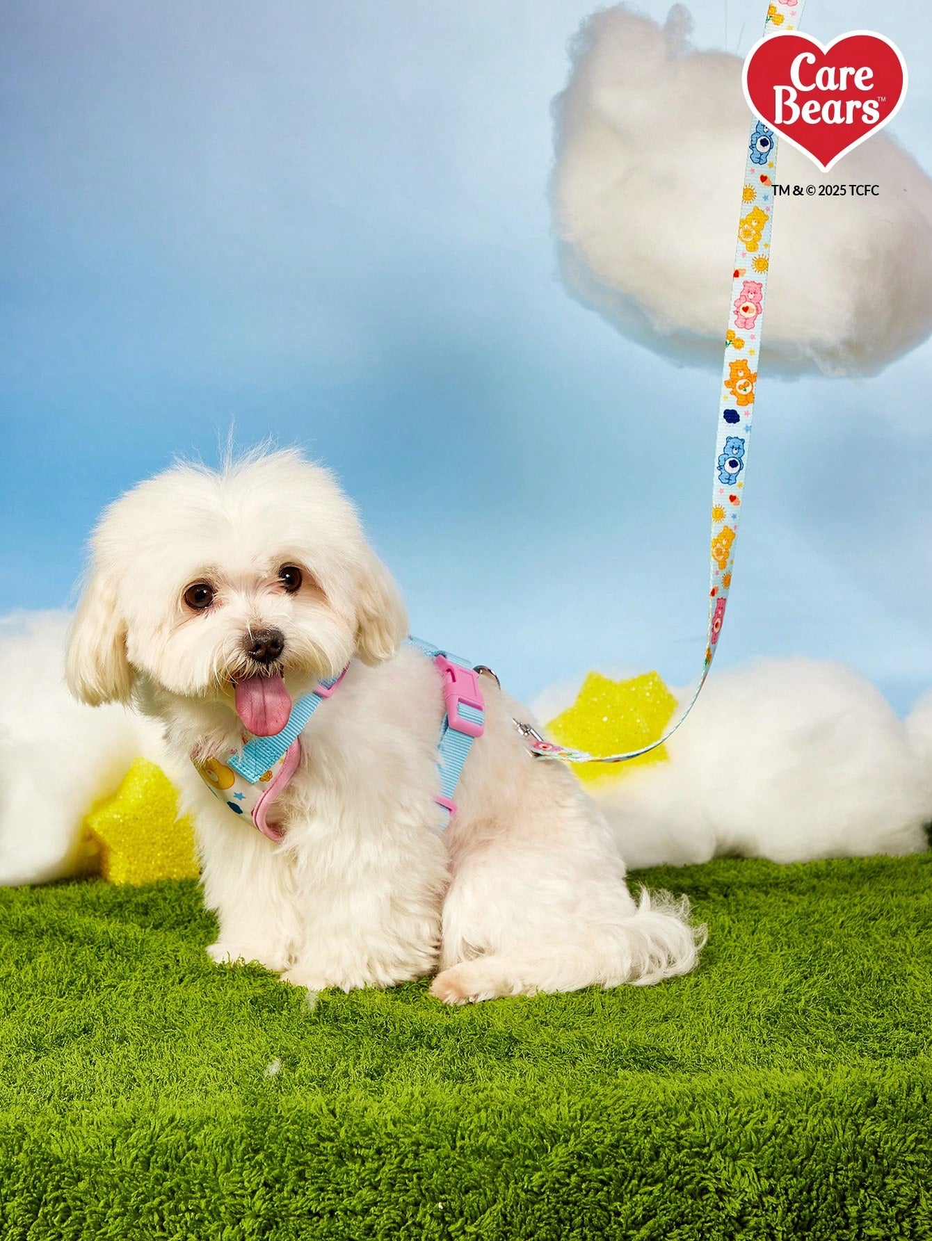 Powerpuff Girls cartoon dog harness with heart print, breathable polyester mesh, adjustable straps, and vibrant color block design for small dogs