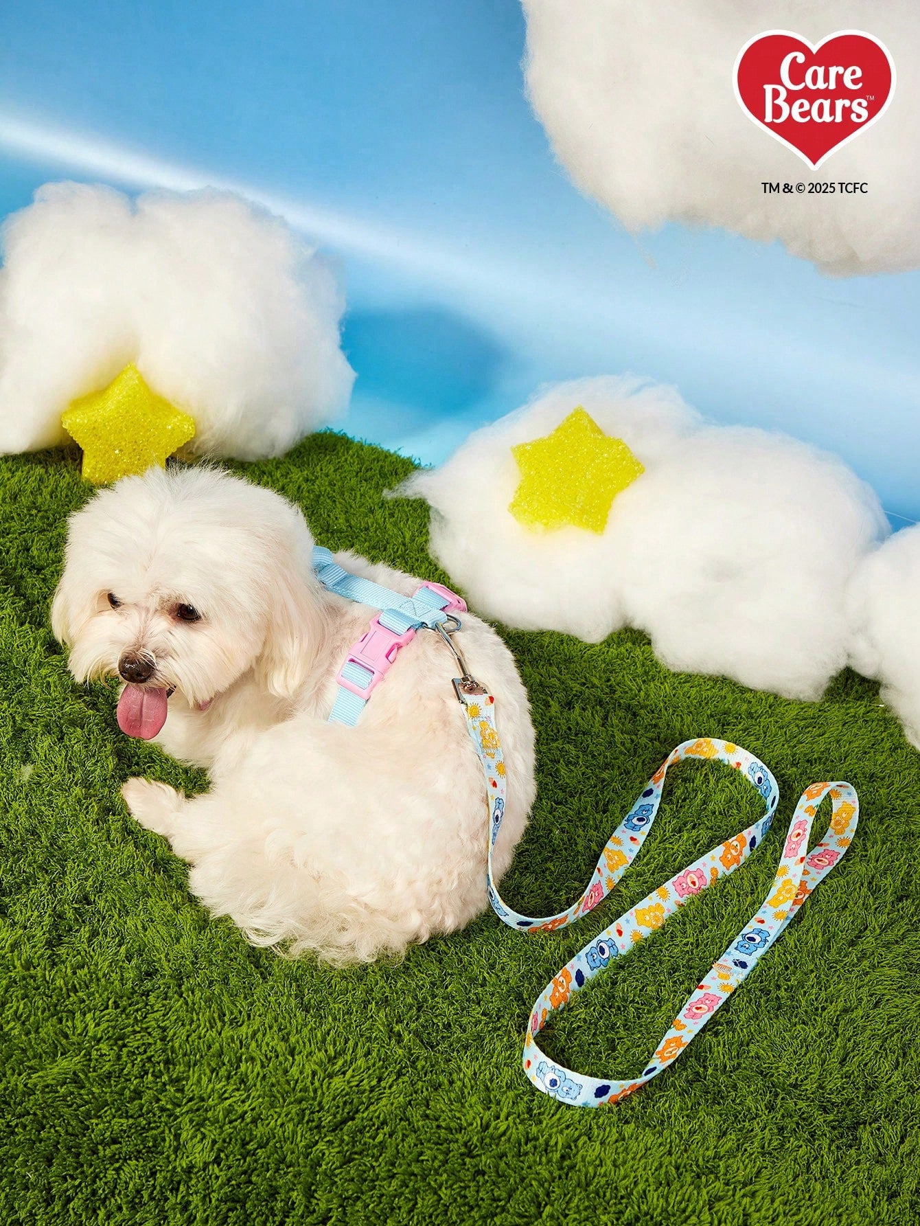 Powerpuff Girls cartoon dog harness with heart print, breathable polyester mesh, adjustable straps, and vibrant color block design for small dogs
