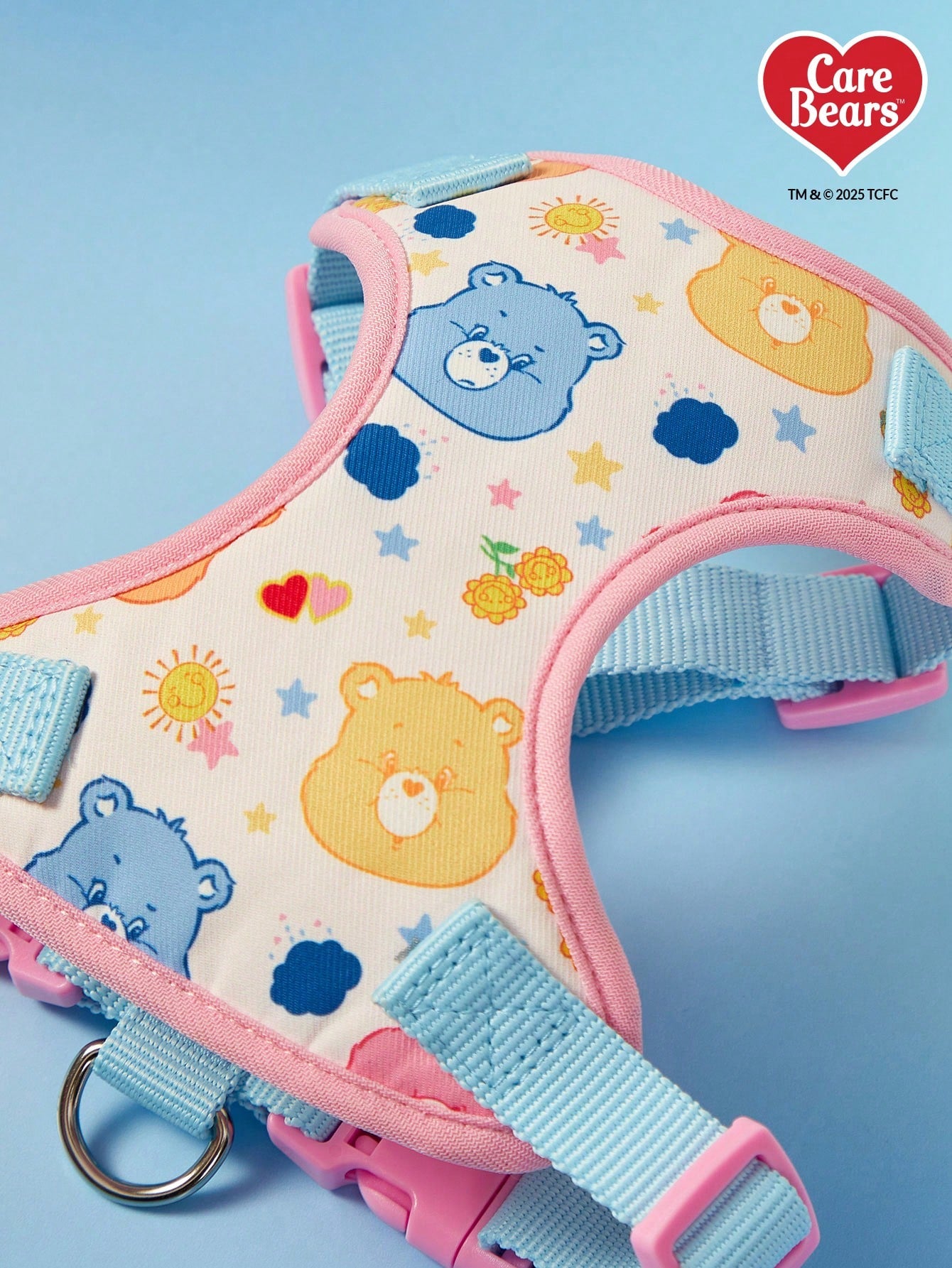 Powerpuff Girls cartoon dog harness with heart print, breathable polyester mesh, adjustable straps, and vibrant color block design for small dogs