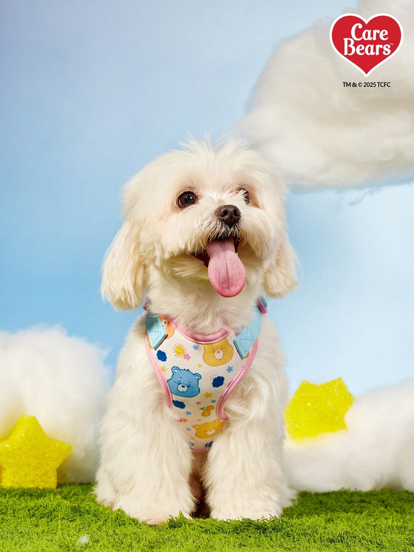 Powerpuff Girls cartoon dog harness with heart print, breathable polyester mesh, adjustable straps, and vibrant color block design for small dogs