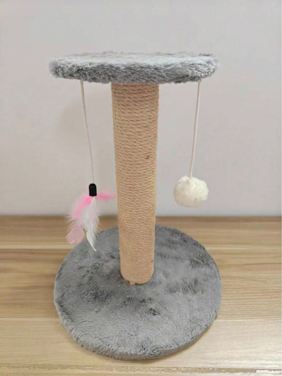 Brown mini sisal cat scratching post and kitten climbing tower with interactive plush ball and feather toys.