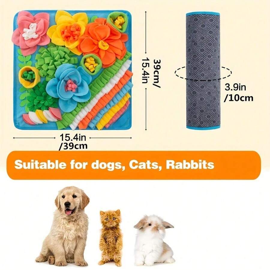 Multicolor pet sniff training mat with fruit and vegetable pattern for cats and dogs.